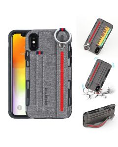 For iPhone XS / X Cloth Texture + TPU Shockproof Protective Case with Metal Ring & Holder & Card Slots & Hanging Strap