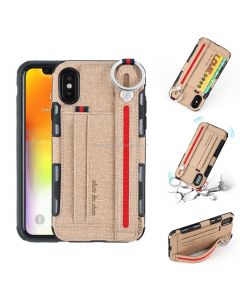 For iPhone XS / X Cloth Texture + TPU Shockproof Protective Case with Metal Ring & Holder & Card Slots & Hanging Strap