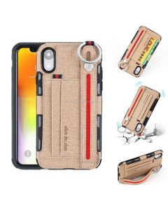 For iPhone XR Cloth Texture + TPU Shockproof Protective Case with Metal Ring & Holder & Card Slots & Hanging Strap