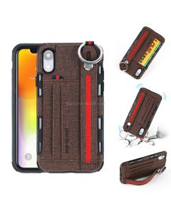 For iPhone XR Cloth Texture + TPU Shockproof Protective Case with Metal Ring & Holder & Card Slots & Hanging Strap