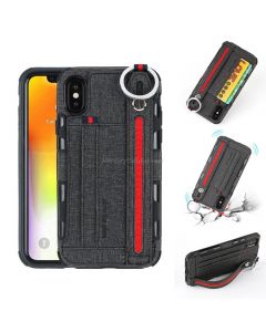 For iPhone XS Max Cloth Texture + TPU Shockproof Protective Case with Metal Ring & Holder & Card Slots & Hanging Strap