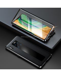 For Huawei Mate 30 Pro Shockproof Magnetic Attraction Metal Frame + Leather Backboard + Tempered Glass Case