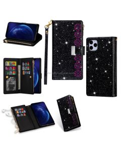 For iPhone 11 Multi-card Slots Starry Sky Laser Carving Glitter Zipper Horizontal Flip Leather Case with Holder & Wallet & Lanyard