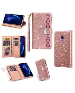 For Samsung Galaxy S9 Multi-card Slots Starry Sky Laser Carving Glitter Zipper Horizontal Flip Leather Case with Holder & Wallet & Lanyard