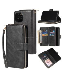 For iPhone 12 / 12 Pro Zipper Wallet Bag Horizontal Flip PU Leather Case with Holder & 9 Card Slots & Wallet & Lanyard & Photo Frame