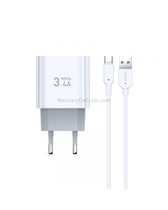 TOTUDESIGN Minimal Series CACA-021 3.4A Dual USB Ports Travel Charger + USB-C / Type-C Data Cable Set, EU Plug