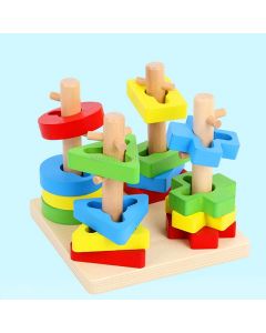 Children Intelligence Rotating Geometric Shape Cognitive Wooden Toy Four-column